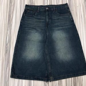 stonewashed dark blue colored unisex baggy denim Jorts