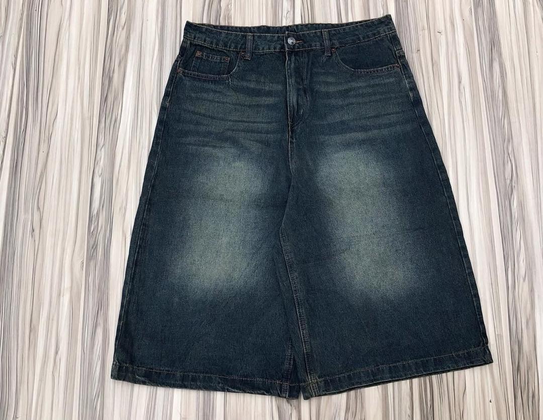 stonewashed dark blue colored unisex baggy denim Jorts