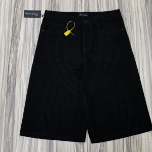 stonewashed black colored unisex baggy denim Jorts with rear embroidered design details (Copy)