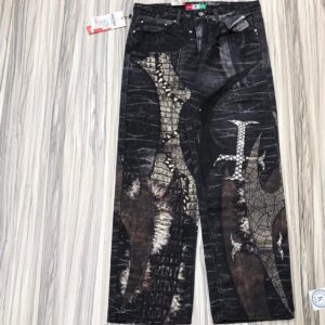 stonewashed blue colored dirty wash patterned baggy denim pants