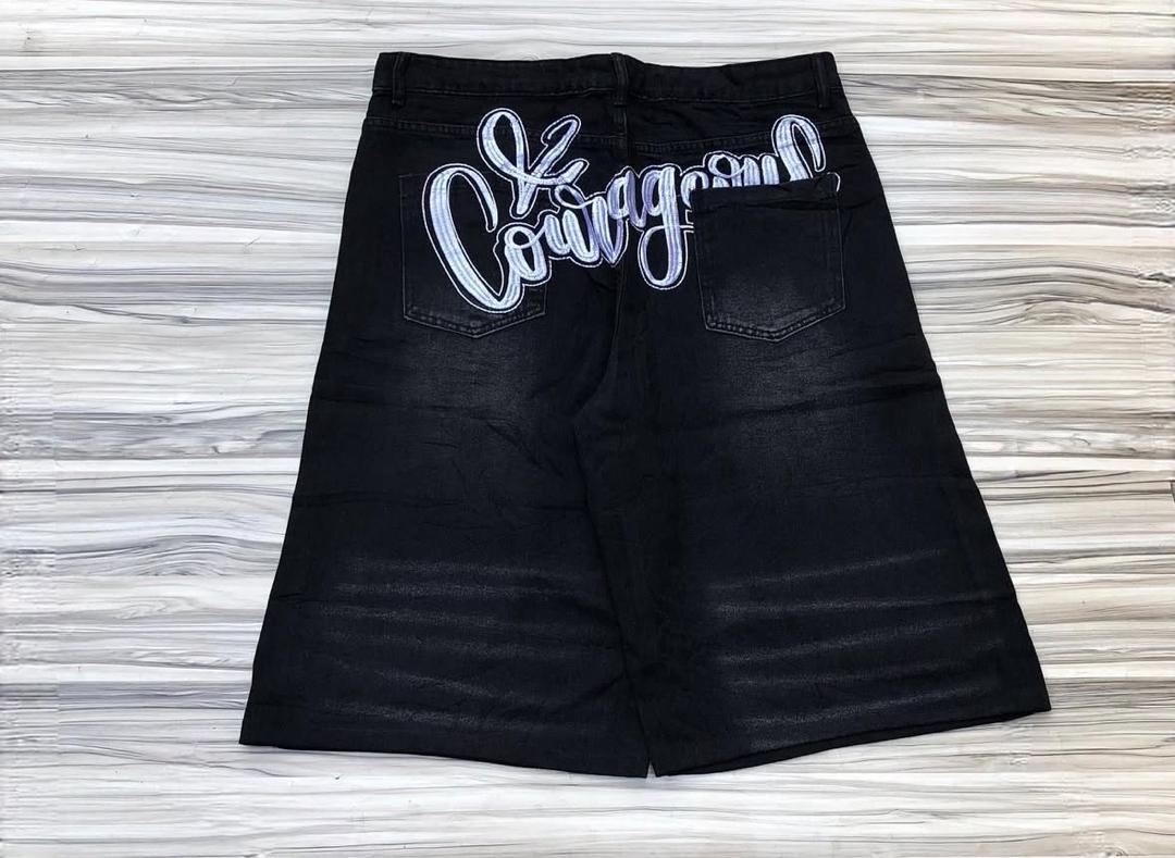 stonewashed black colored unisex baggy denim Jorts with rear embroidered design details (Copy) - Image 2